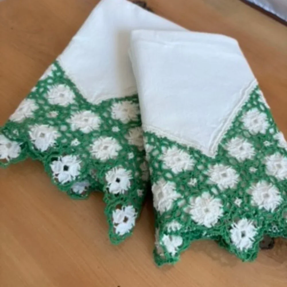 Vintage White-green hand Crochet trim Pure Cotton White PillowCases